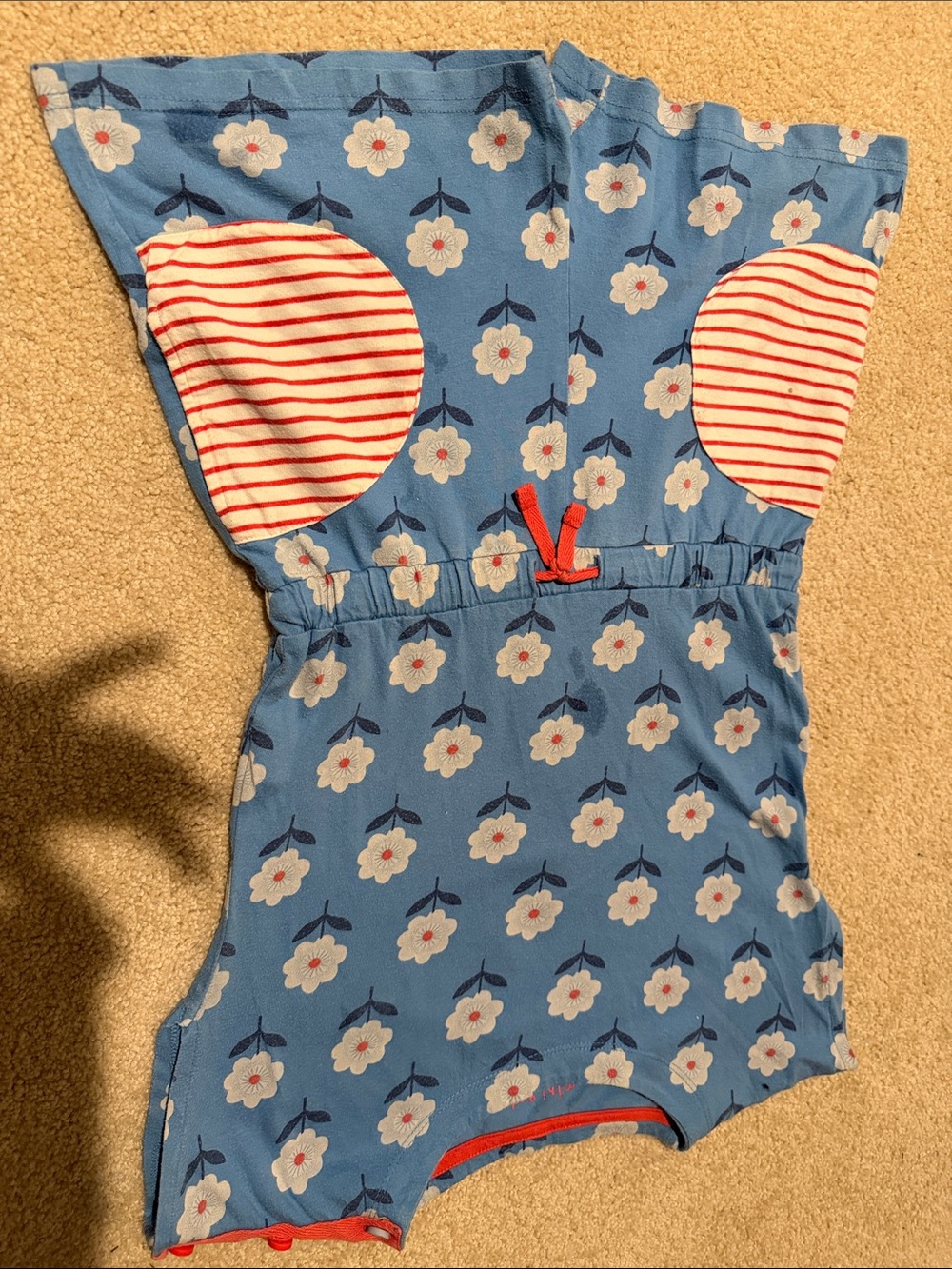 Mini Boden Blue Floral Romper with Red Stripe Pocket Accents